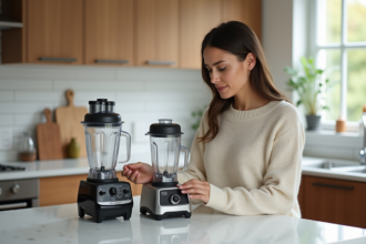 Femme compare deux blenders dans une cuisine moderne