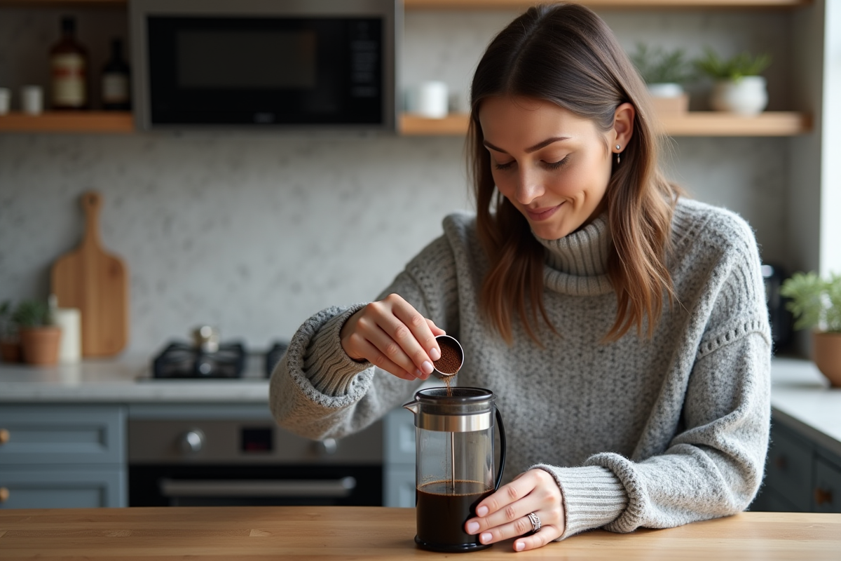 Femme versant du cafe moulu dans une cafetière française