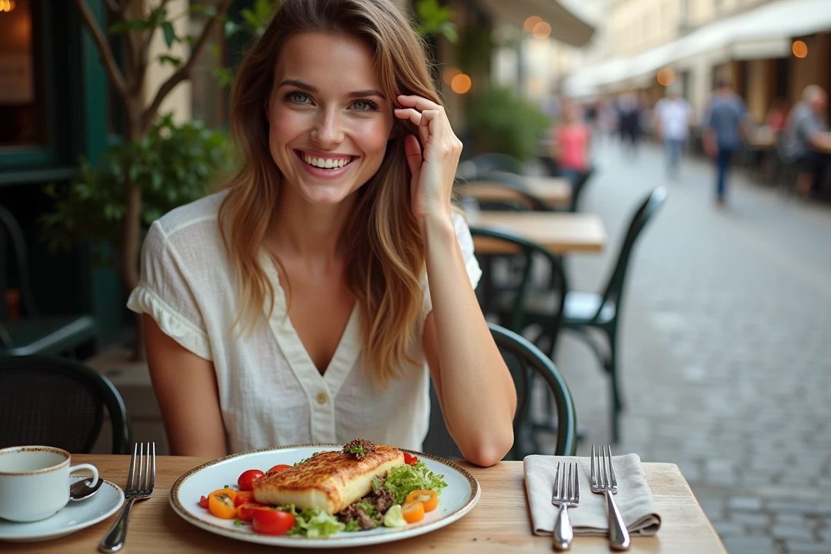 Jeune femme dégustant une paupiette de veau en terrasse parisienne