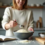 Femme souriante mesurant du riz dans une cuisine moderne