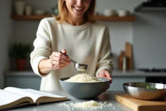 Femme souriante mesurant du riz dans une cuisine moderne