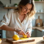 Femme zestant un citron dans une cuisine lumineuse