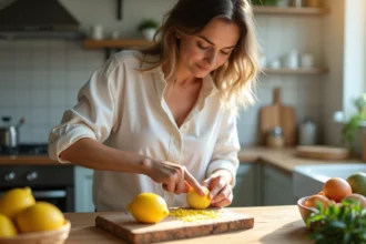 Femme zestant un citron dans une cuisine lumineuse