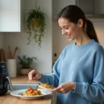 Femme souriante en cuisine avec air fryer et plat