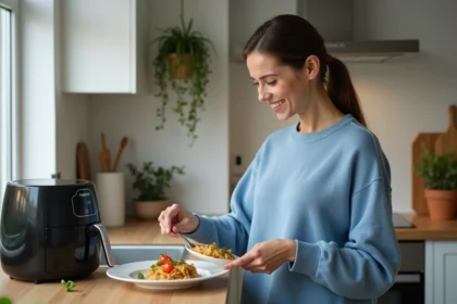 Femme souriante en cuisine avec air fryer et plat