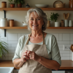 Femme d'âge moyen dans la cuisine avec un tablier à motifs