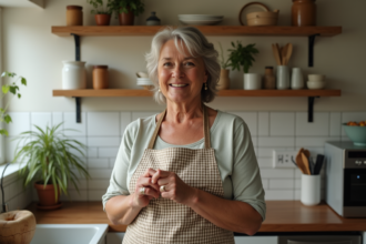 Femme d'âge moyen dans la cuisine avec un tablier à motifs