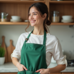 Jeune femme en tablier vert dans une cuisine moderne