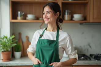 Jeune femme en tablier vert dans une cuisine moderne