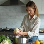Femme en cuisine déposant des bouquets de chou-fleur dans une casserole