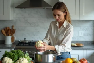 Femme en cuisine déposant des bouquets de chou-fleur dans une casserole
