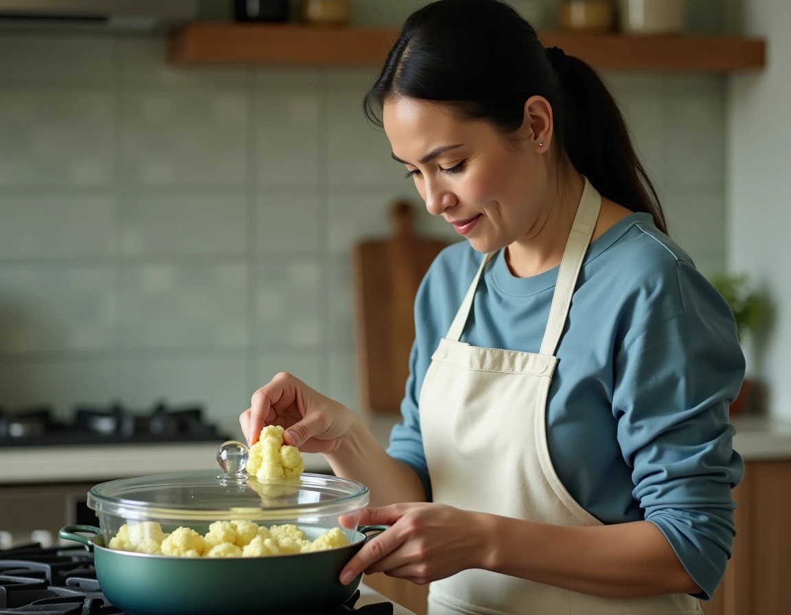Femme en cuisine plaçant des fleurettes de chou-fleur dans une cocotte vapeur sur une gazinière moderne pour une cuisson douce et saine