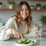 Femme souriante dans la cuisine avec concombre et eau gazeuse