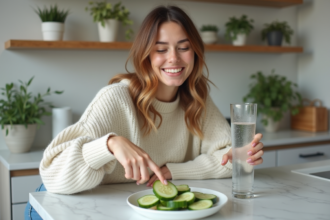 Femme souriante dans la cuisine avec concombre et eau gazeuse