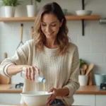 Femme verser de l'eau dans un bol en cuisine moderne
