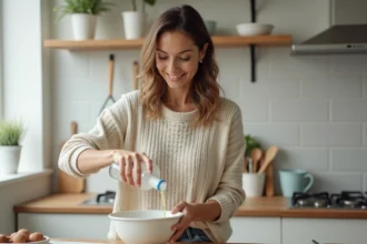 Femme verser de l'eau dans un bol en cuisine moderne