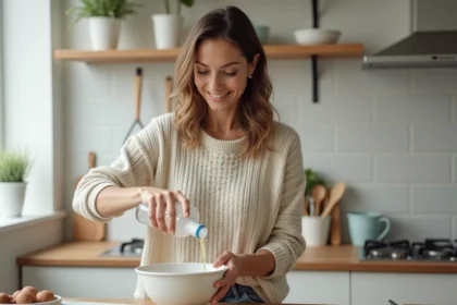 Femme verser de l'eau dans un bol en cuisine moderne