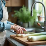 Femme en cuisine coupant des poireaux frais avec un sourire