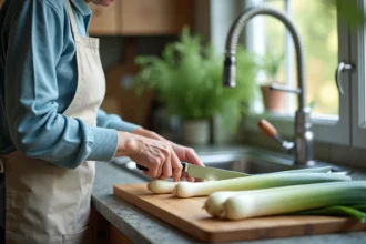 Femme en cuisine coupant des poireaux frais avec un sourire
