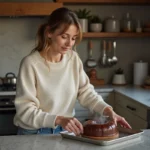 Femme sortant un fondant au chocolat du four dans une cuisine chaleureuse