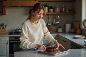 Femme sortant un fondant au chocolat du four dans une cuisine chaleureuse