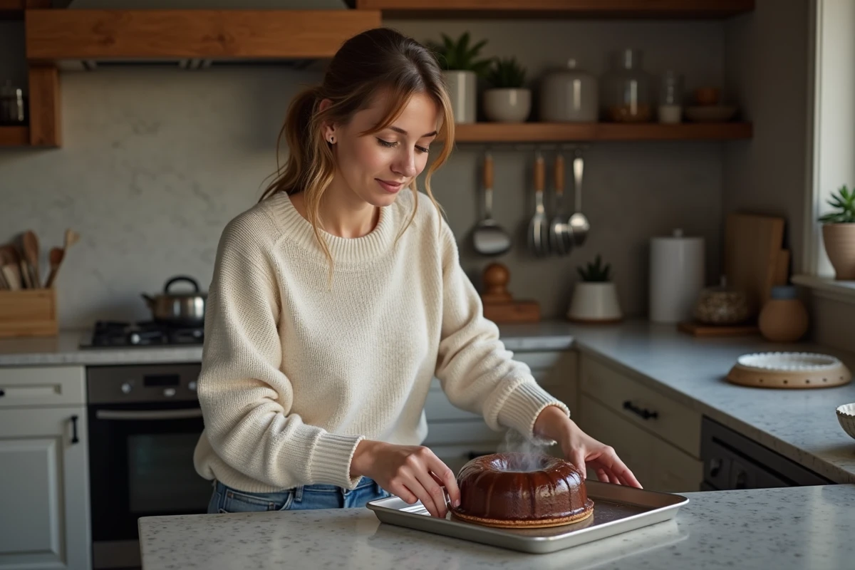 Femme sortant un fondant au chocolat du four dans une cuisine chaleureuse