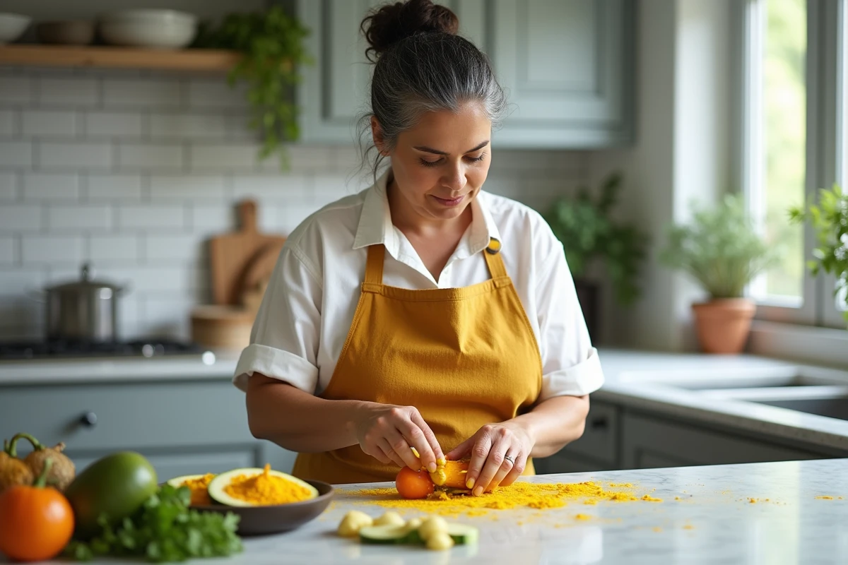 Femme cuisinant des légumes exotiques en Z dont la zédoaire et la zapote dans une cuisine moderne, avec tablier en lin moutarde