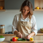 Femme en cuisine coupant des légumes frais