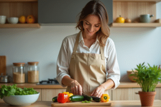 Femme en cuisine coupant des légumes frais