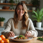Femme préparant un plat de lentilles dans une cuisine chaleureuse