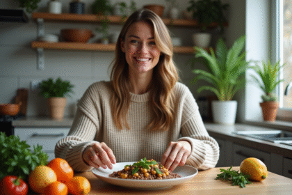 Femme préparant un plat de lentilles dans une cuisine chaleureuse