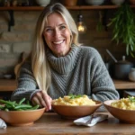 Femme souriante préparant des plats d'hiver dans une cuisine chaleureuse