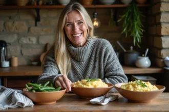 Femme souriante préparant des plats d'hiver dans une cuisine chaleureuse