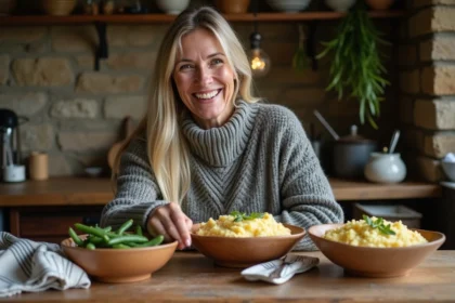 Femme souriante préparant des plats d'hiver dans une cuisine chaleureuse