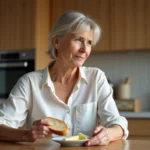 Femme dans la cuisine avec pain et beurre