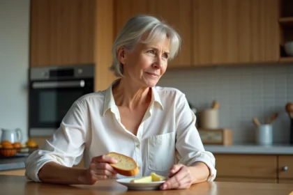 Femme dans la cuisine avec pain et beurre