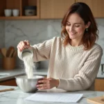 Femme versant de la farine dans un bol en cuisine moderne