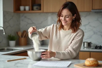 Femme versant de la farine dans un bol en cuisine moderne