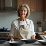 Femme en cuisine examinant des poeles en surface variée