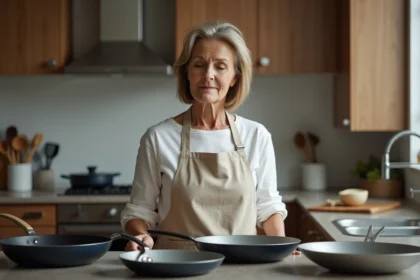 Femme en cuisine examinant des poeles en surface variée