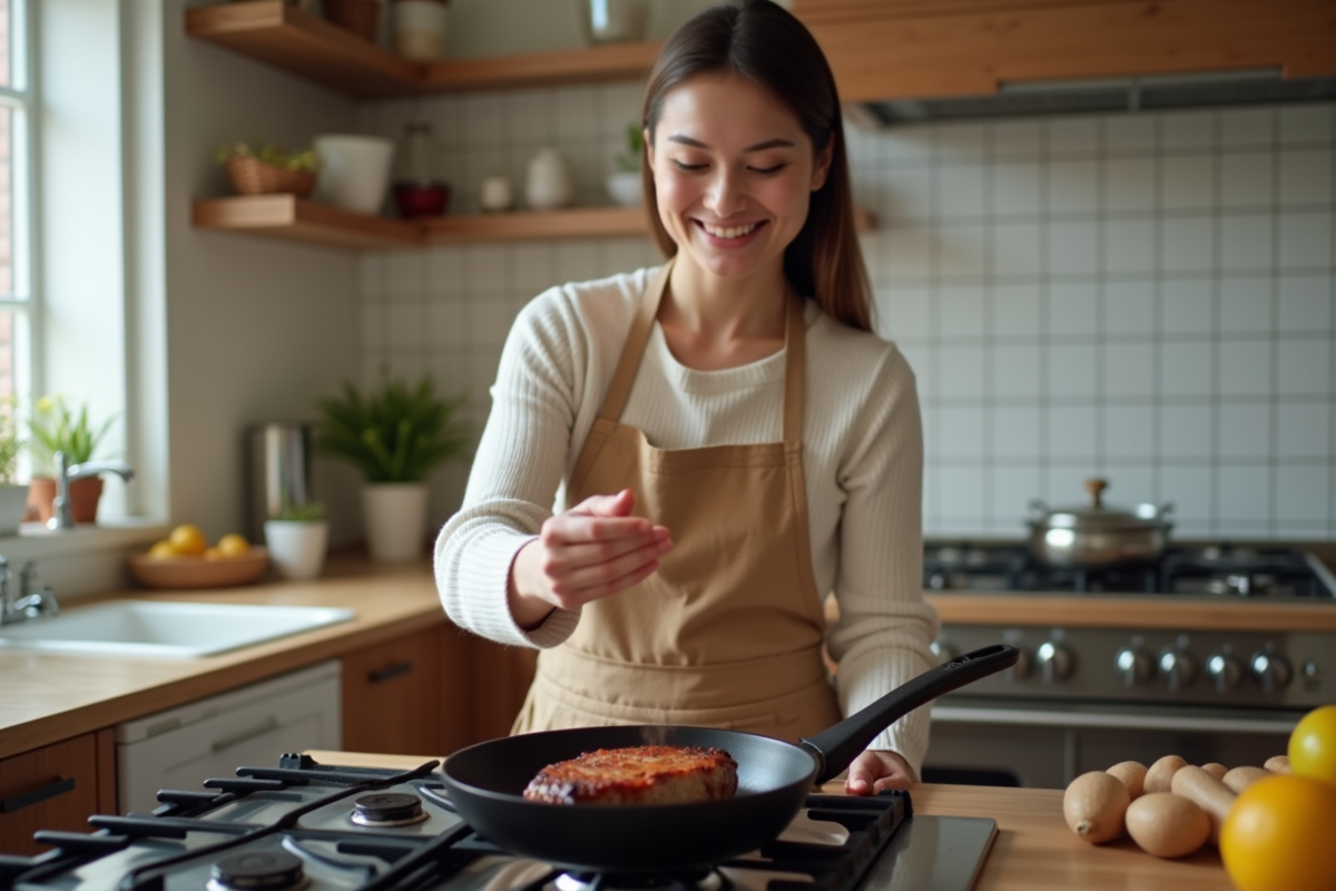 Femme cuisinant un steak dans une poêle en fonte