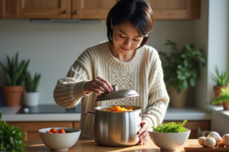 Femme d'âge moyen soulevant le couvercle d'un cuiseur vapeur en cuisine