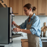 Femme versant de l'eau dans un four vapeur moderne