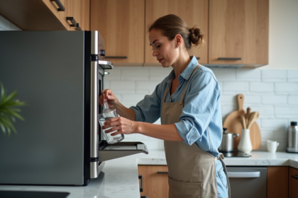 Femme versant de l'eau dans un four vapeur moderne