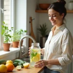 Femme préparant une eau infusée dans une cuisine lumineuse