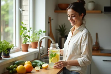 Femme préparant une eau infusée dans une cuisine lumineuse