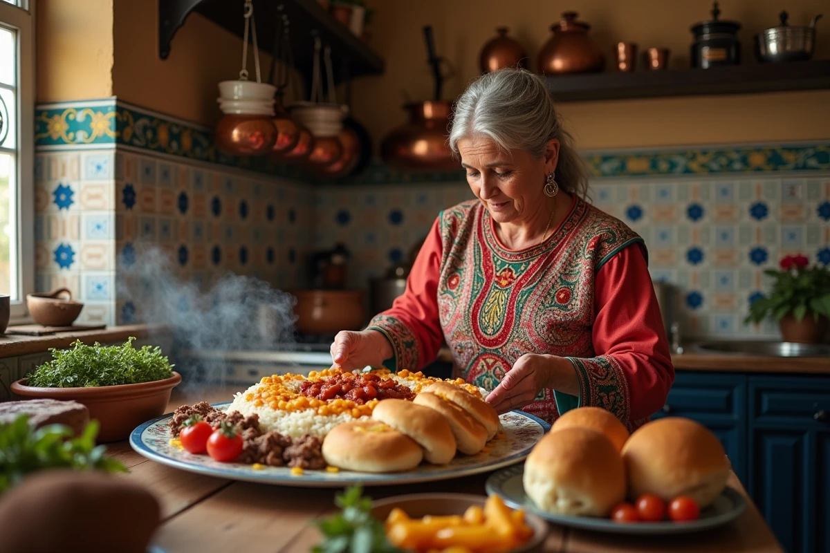 Femme égyptienne en galabiya préparant un grand plat de fattah dans une cuisine traditionnelle ornée de carrelages colorés