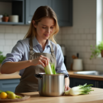 Femme plaçant des endives dans une cocotte moderne