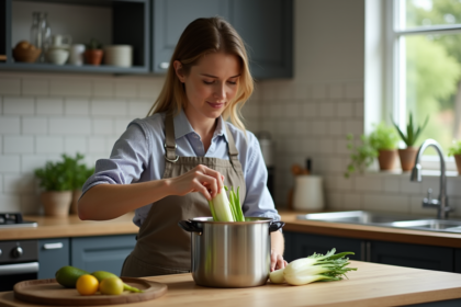 Femme plaçant des endives dans une cocotte moderne