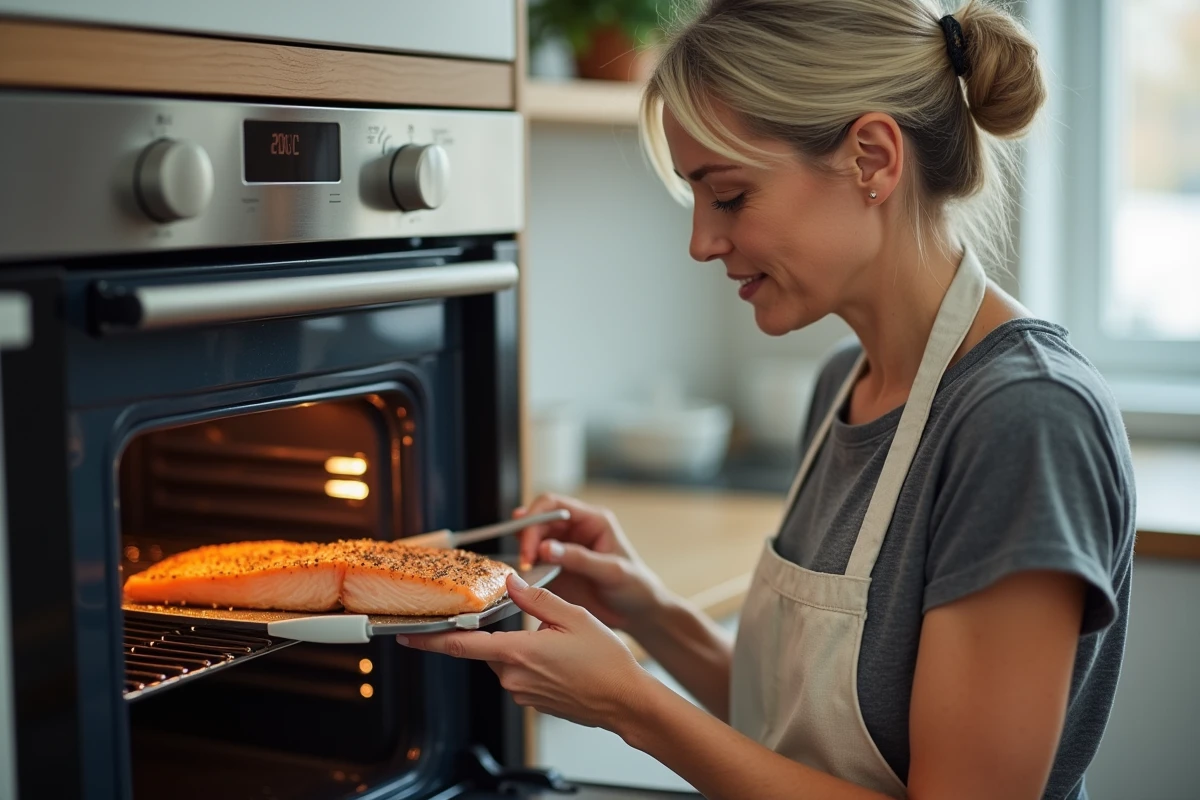 Femme enfournant un filet de saumon dans un four à 200°C pour une cuisson parfaite